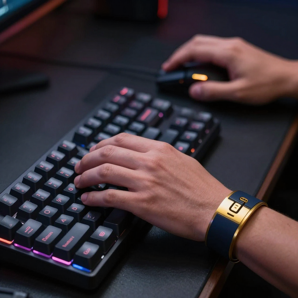 Close-up of a player's hands on a mechanical keyboard and gaming mouse mid-game